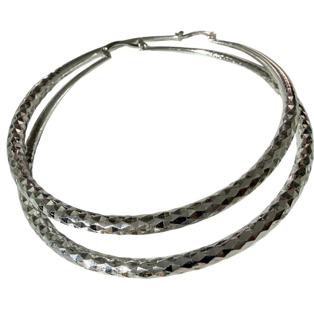 70CM 925 Stamp Silver Color Deep Faceted Diamond Cut Hoop Earrings - Picture 5 of 5